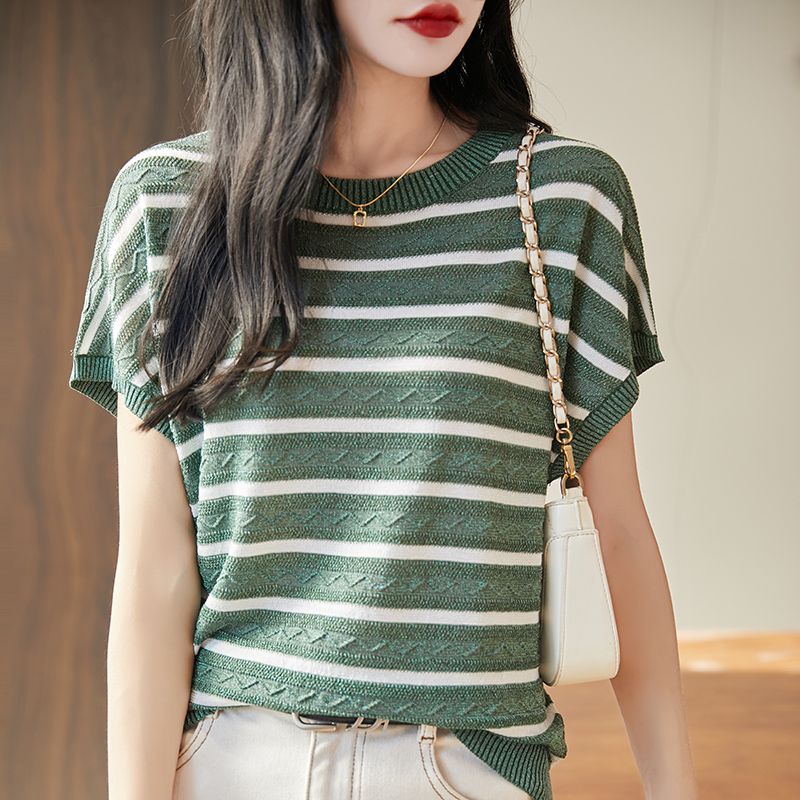 Summer women's T-shirt Lyocell knitted short sleeved casual striped Tees loose round neck Tops Blouse