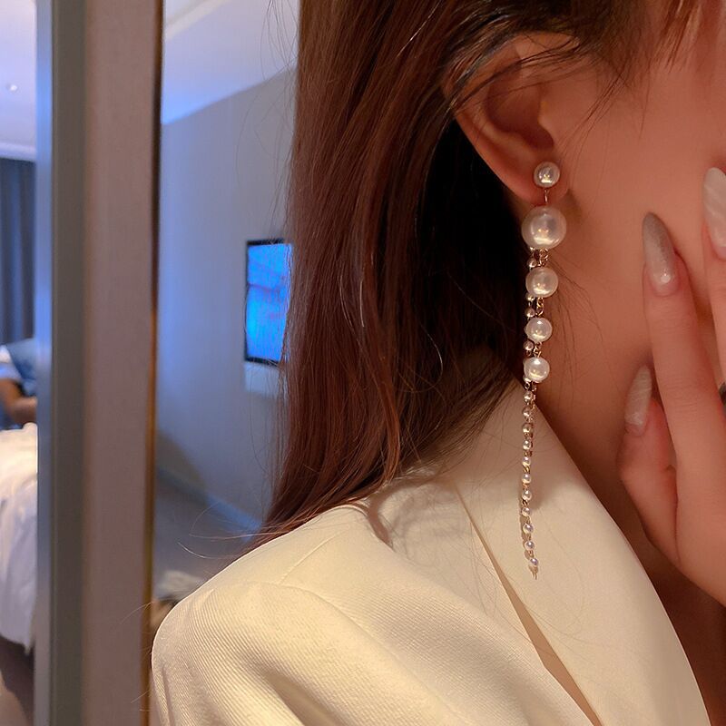 Pendientes de perlas de imitación para mujer, aretes largos con flecos, a la , elegantes, para novia y de boda