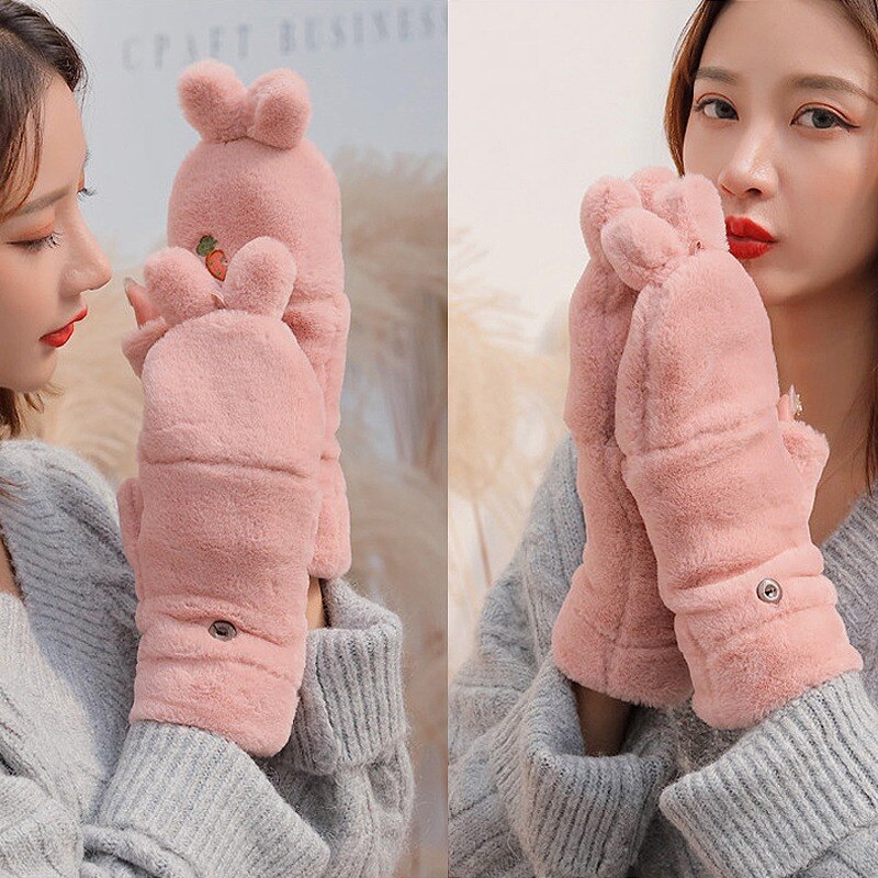Niedlichen Kaninchen freundlicher kippen Handschuhe Plüsch Finger Handschuhe Berührt Bildschirm Flauschigen Mädchen Handschuhe Winter Warme Handschuhe Weiche Verdicken