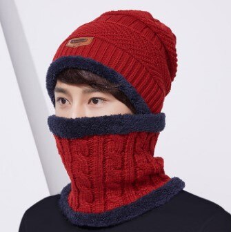 SILOQIN Winter Men's Beanie Hat Plus Velvet Thick Windproof Warm Scarf Knitted Wool Hats For Men Multipurpose Collar Earmuff Cap: red