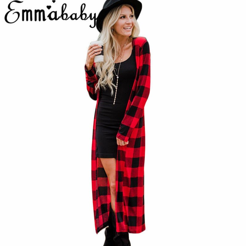 Hirigin nieuwste dames lange mouwen waterval vest trenchcoat lange jas duster dame winter warm slank geruit pak: Rood / Ik