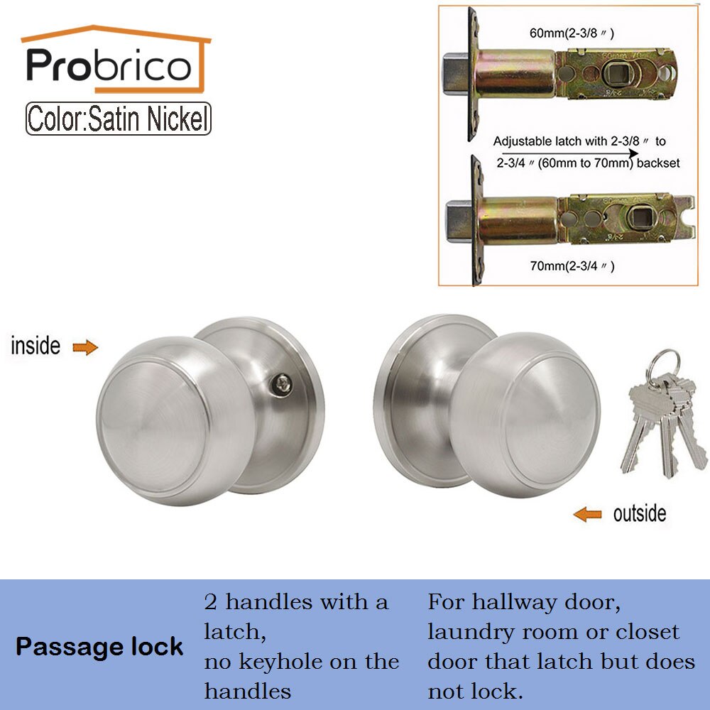 Probrico Interior Door Knobs Rotation Locks stainless steel door Handles with latch for Aisle Living Room Keyless passage lock