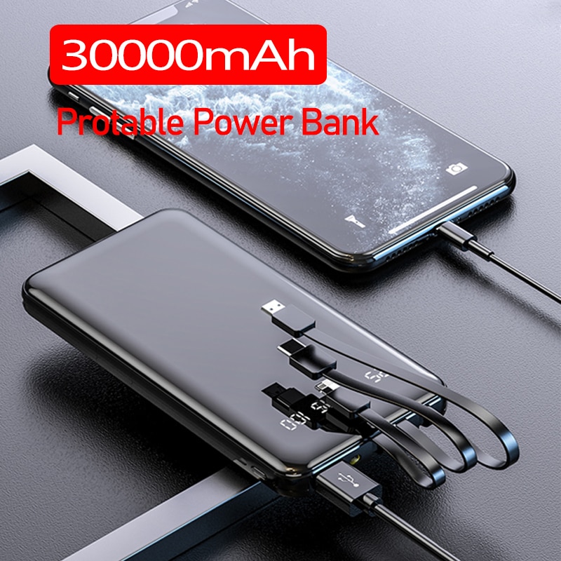 30000mah Power Bank Built-in 3 Cables Full Screen Powerbank Fast Charging External Battery for IPhone Samsung Xiaomi power bank