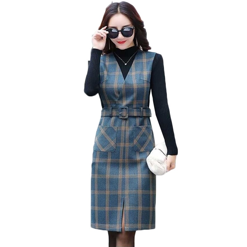 Frauen Frühling Herbst Weste Kleid V-ausschnitt Gurt Kleid Jahrgang Ärmel Tasche Plaid Kleid Weibliche Dünne Gürtel Kleider Vestidos Y547