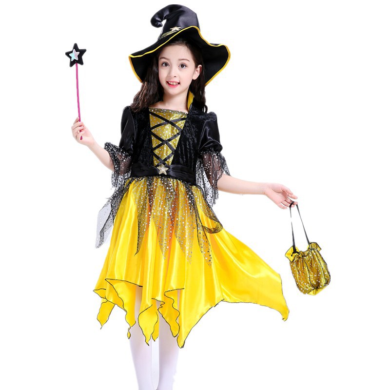 Children's Halloween Yellow Elf Costume Dress Girls Dress Up Prom Dress Set for Kids