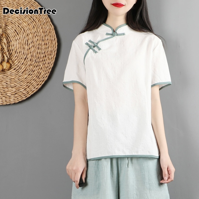 Qipao chino tradicional para mujer , top de algodón de manga corta y lino, tops de hadas hanfu, camisa tang vintage de encaje chino