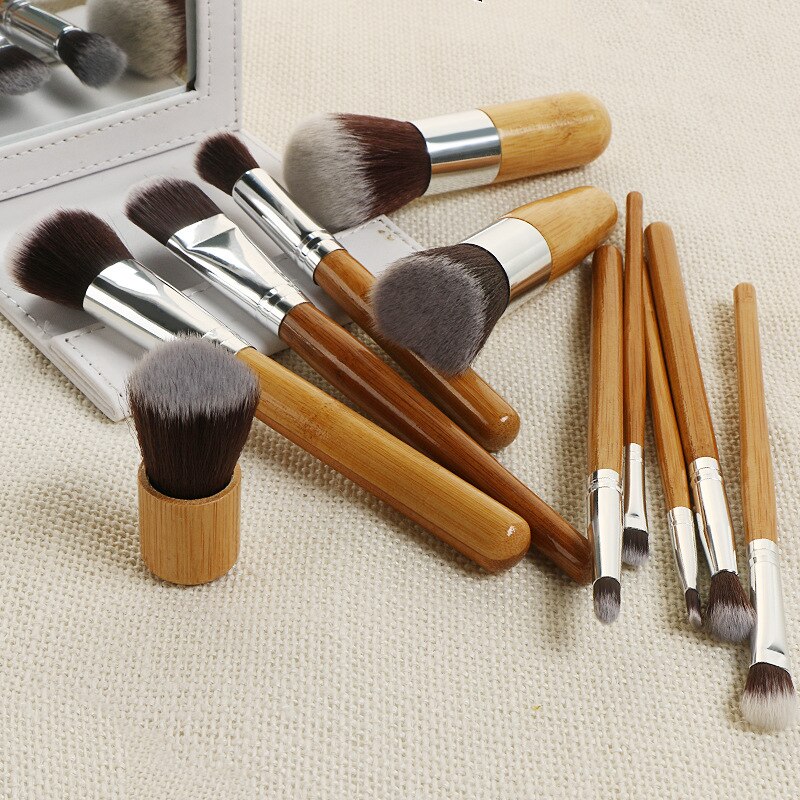Juego de brochas de maquillaje con mango de bambú Natural, , mezcla de base, cosmética, con bolsa de algodón, 11 Uds.,