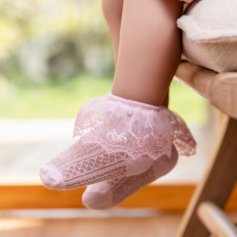 Summer Retro Lace Kids Girls Socks Ruffle Frilly Socks Girls Princess Mesh Solid Cotton Short Sock White School Dance Socks