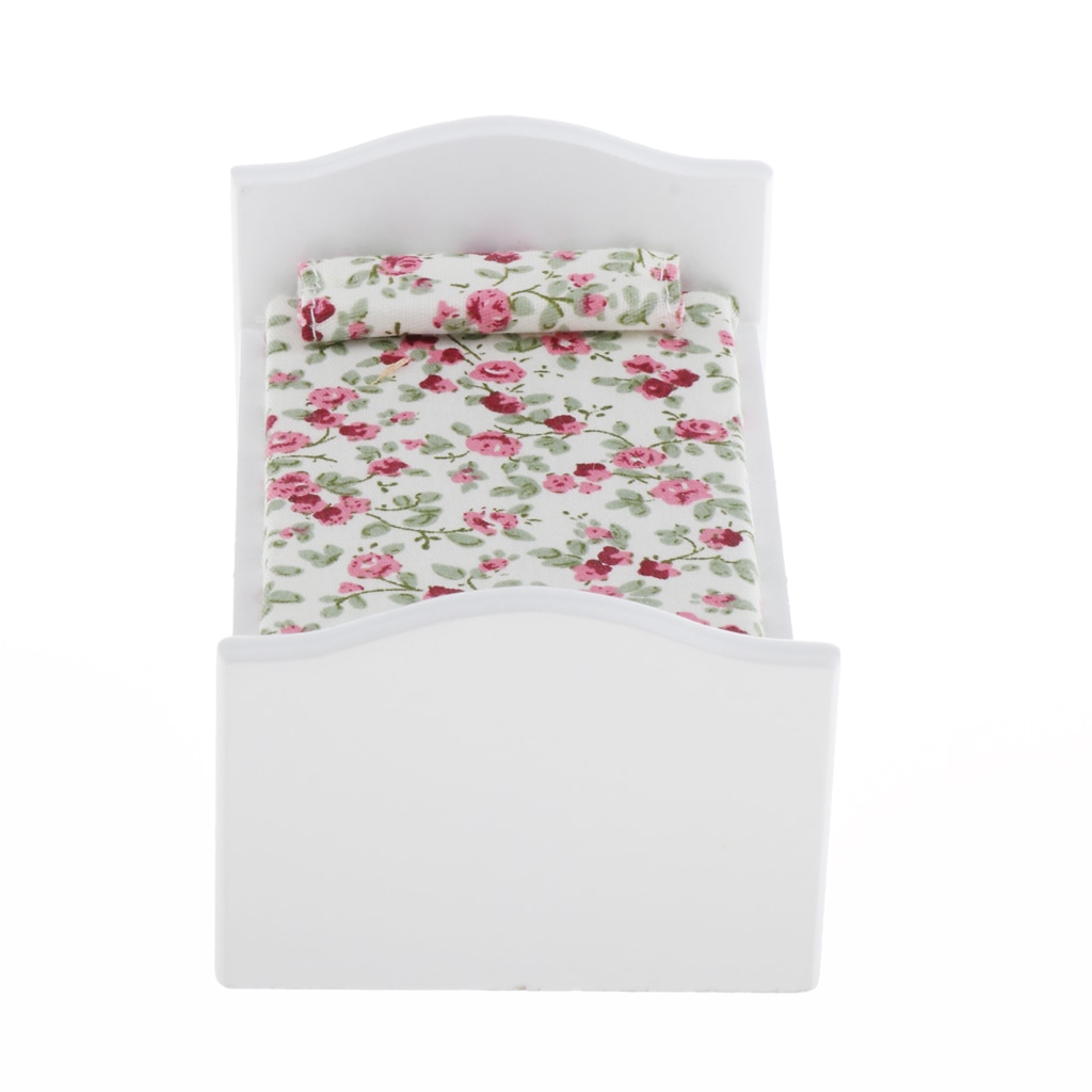1 12 Dollhouse Elegante Bloem Wit Bed Voor Slaapkamer Meubels, 1:12 Dollhouse Miniatuur Bed Met Bloemen Beddengoed