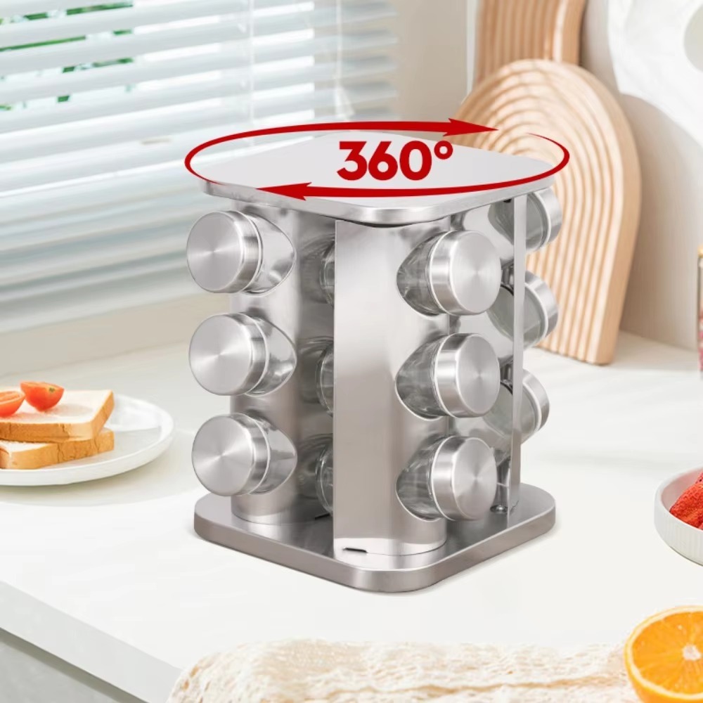 360° Rotating Spice Rack Stainless Steel Seasoning Vertical Spice Sorting Rack Square Condiment Organizer Salt Sugar Containers