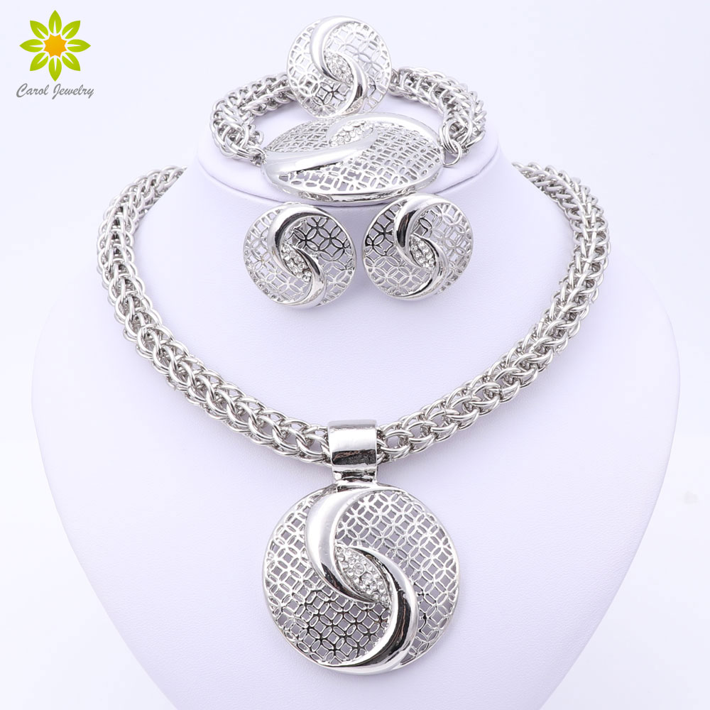 Latest Luxury Big Dubai Silver Color Crystal Necklace Jewelry Sets Nigerian Wedding African Beads Costume Jewelry