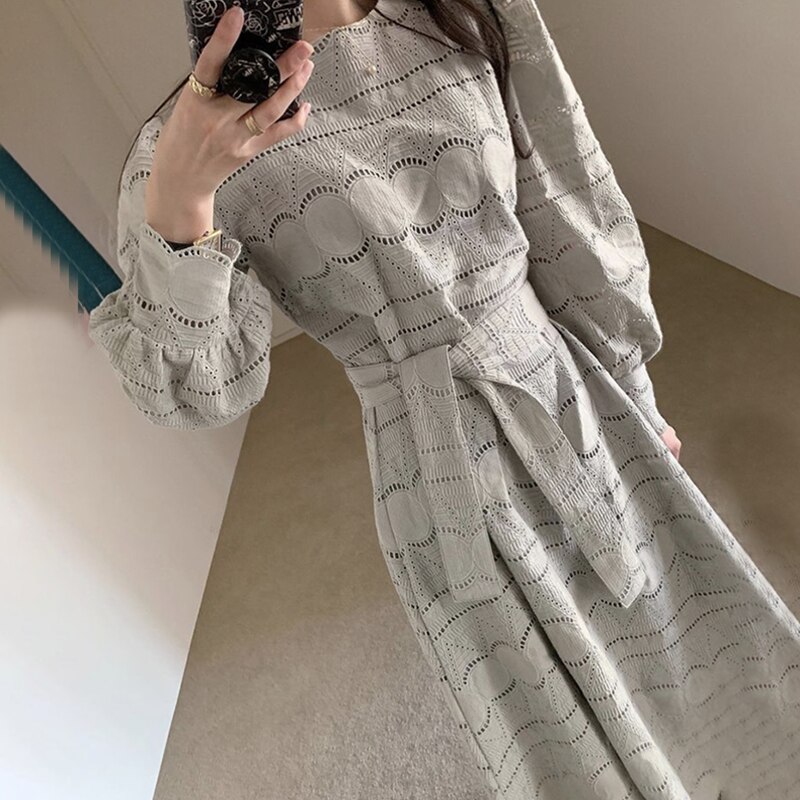 SuperAen francuski styl dworski O szyi koronki drążą stałe talii bufiaste rękawy połowy łydki sukienki dla kobiet