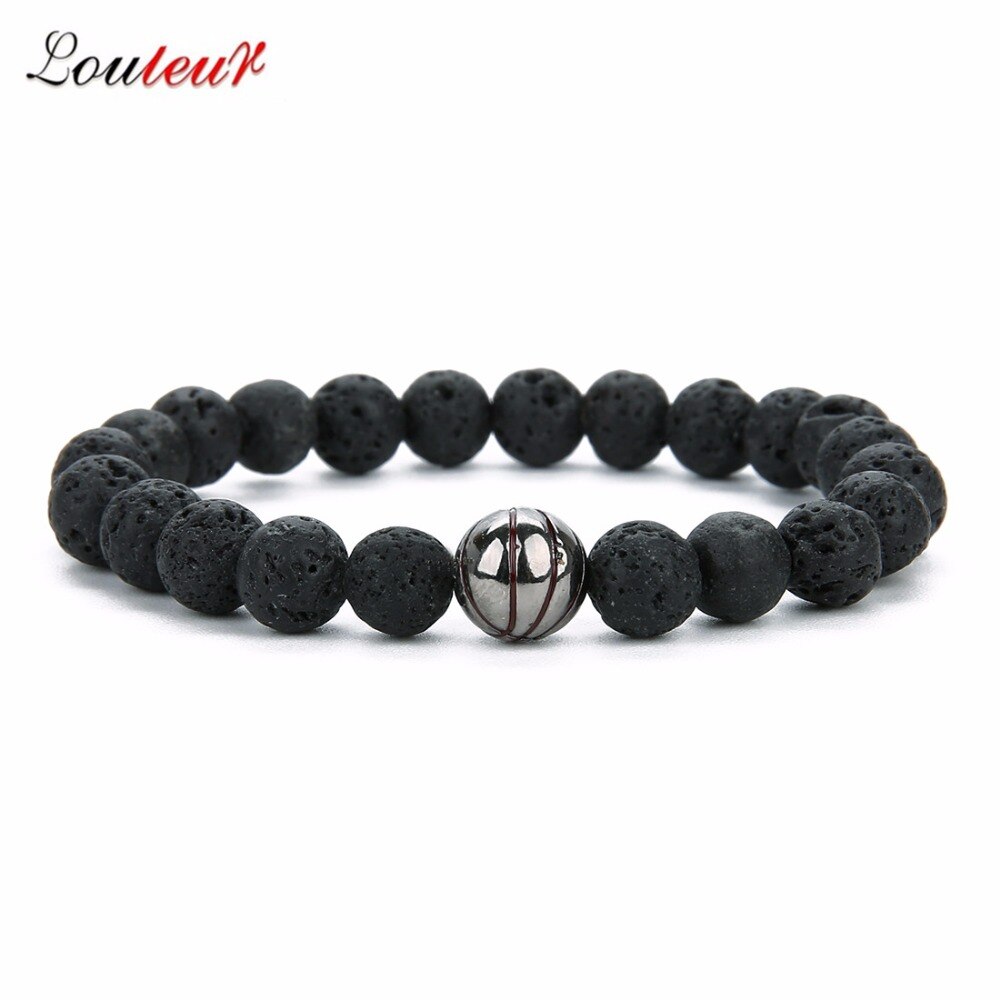 Pulsera con abalorios de baloncesto de piedra de Lava para mujer, brazalete deportivo de cuentas de baloncesto, brazalete con abalorio de béisbol, de Navidad