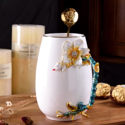 Europe Novelty Enamel Coffee Cup Mug Flower Tea ceramics Cups for and Cold Drinks Milk Alloy Handgrip Cups and Mugs: M-2