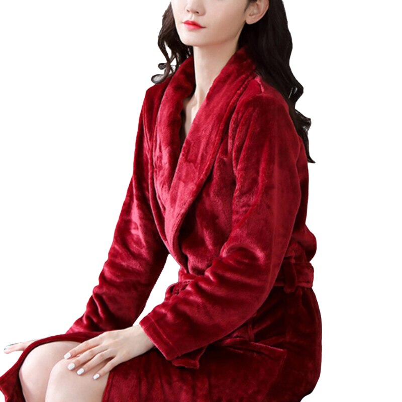 Women Robes Winter Warm Flannel Fleece Nightdress Sleepwear Female Pajamas Home Clothes Dressing Kimono Hotel Bathrobe: wine red