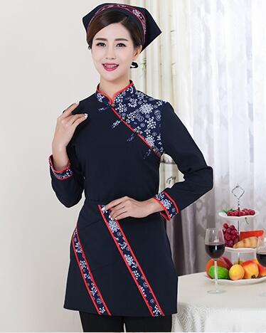 Featured Hotel Restaurant Farmhouse Waiter Uniforms Chinese Style Waitress Working Uniform Long Sleeve Overall Uniform: Navy Blue Women / L