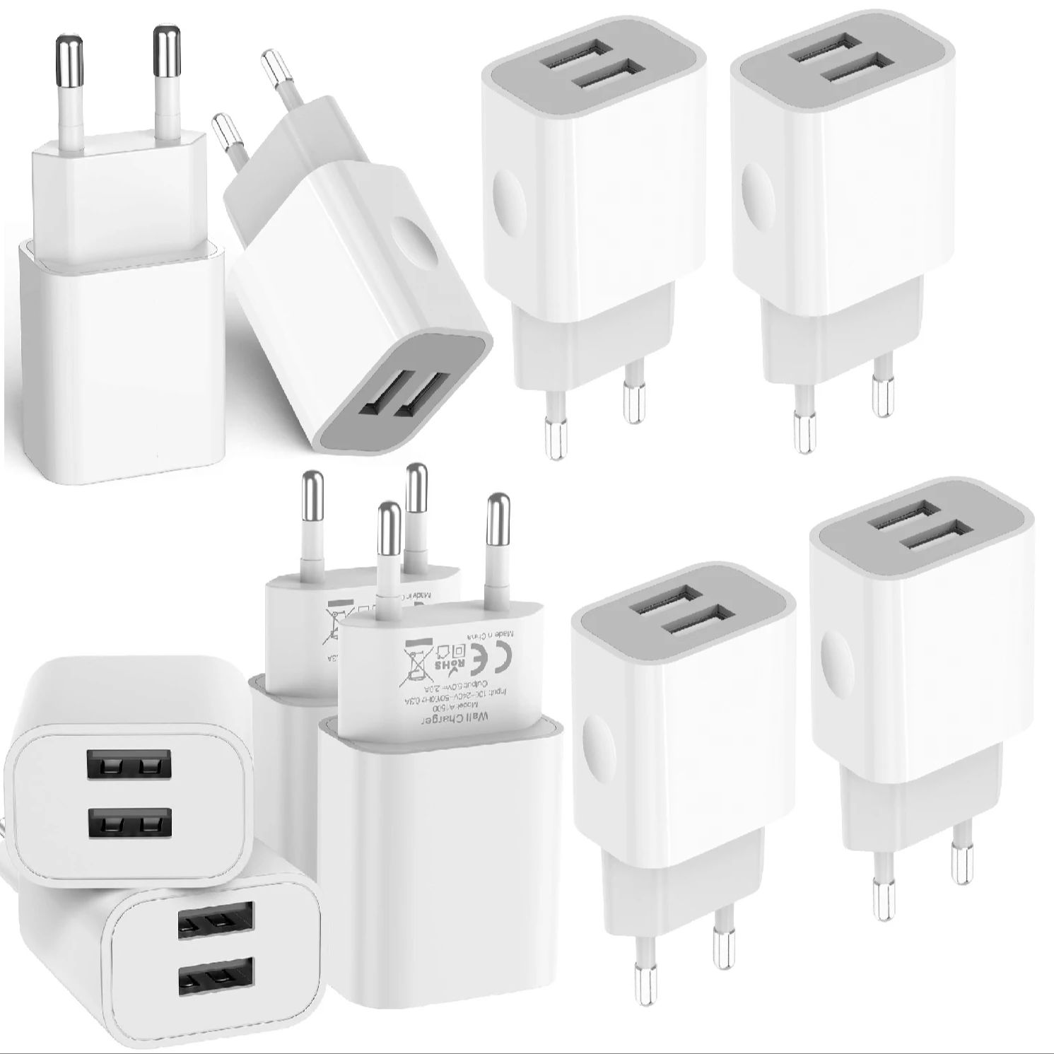 2-pack universele USB-lader 5V 2A/10W met 2 poorten - USB-stekker compatibel met alle soorten apparaten en smartphones - wit: DE