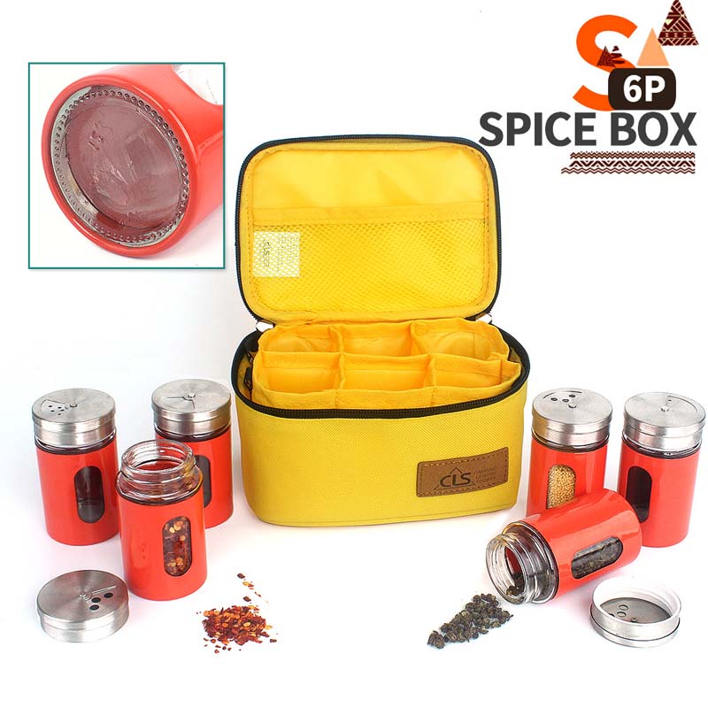 6 Stuks Kruidkruik Set Cruet Kruiderij Rvs Kruiden Doos Zout Peper Shakers Camping Outdoor Bbq Gereedschap Met Opslag tas