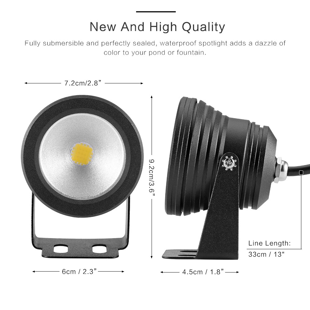 Luz LED subacuática impermeable IP65 para fuentes de piscina, estanque, jardín, acuario, 900 ~ 1000LM, Dirección de 180 grados