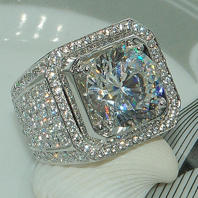 Luxe Volledige Micro Pave Rhinestone Iced Out Bling Wit Goud Kleur Ring Crystal Rock Ringen voor Mannen Sieraden