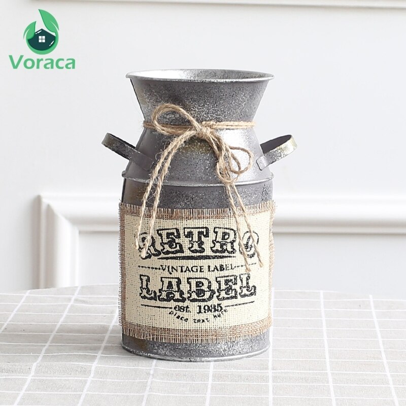 1pc shabby chic metall järn rustik vas mjölkburk heminredning europa stilar järn vas blomma för vas dekoration hem järn vas: Retro etikett