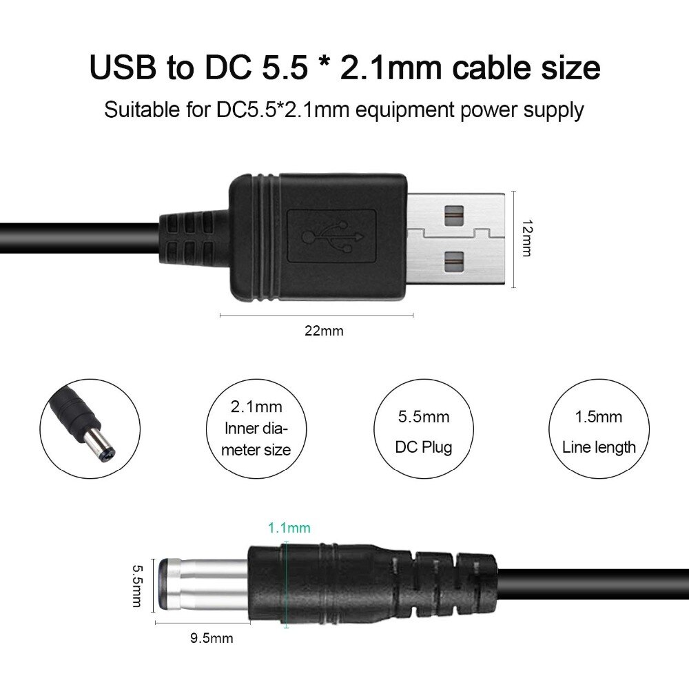 USB Typ-A Stecker auf 5,5mm x 2,1mm Fass 5 V DC Energie Kabel mit 4 Anschlüsse kompatibel mit Laptop, Router und Mehr 5 V Geräte