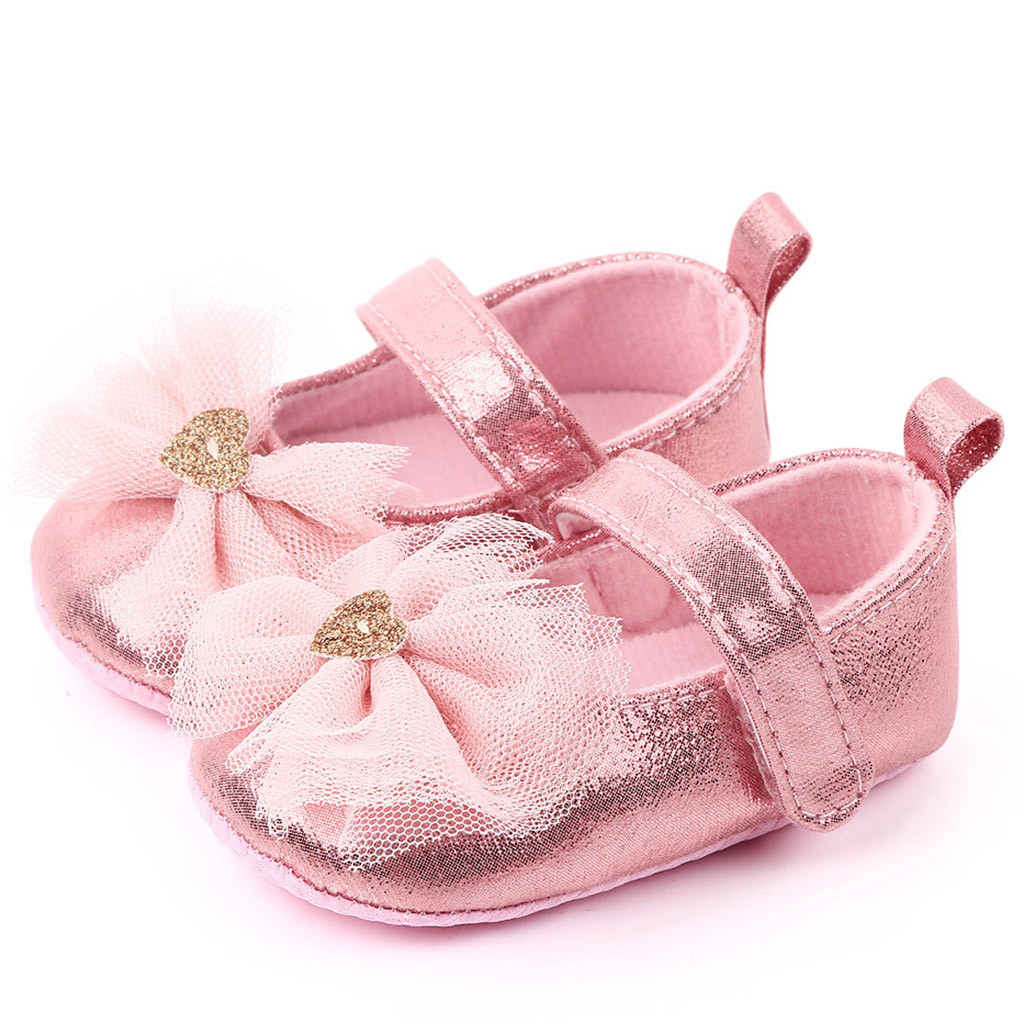 Sapatos de bebê menina, sapatos confortáveis de borboleta para os primeiros passos, sapatos de criança, laço, cor sólida, gancho & loop, fivela, todas as estações sapatos com calçados: Pink / 3.5