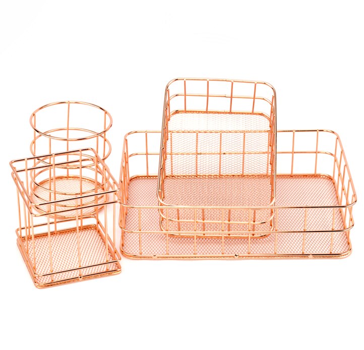 Nordic Makeup Organizer Basket Eyeliner Brush Set Storage Cup Rose Gold Iron Art Dressing Table Makeup Cosmetic Organizer Box