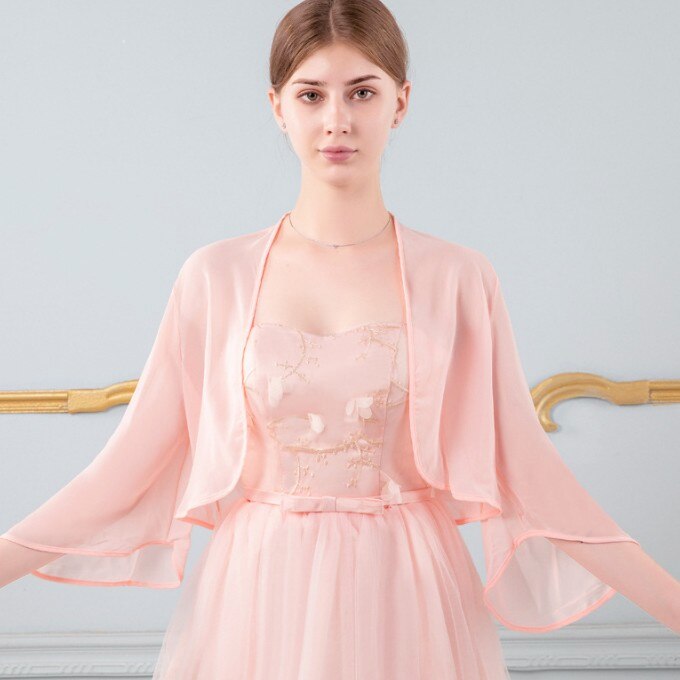 Champagner verrotten schwarz rosa grau Hochzeit Jacken wickelt Chiffon zucken Braut Bolero Jacke Mantel 3/4 Länge kappe Hülse Frauen Belero: Pfirsich Rosa