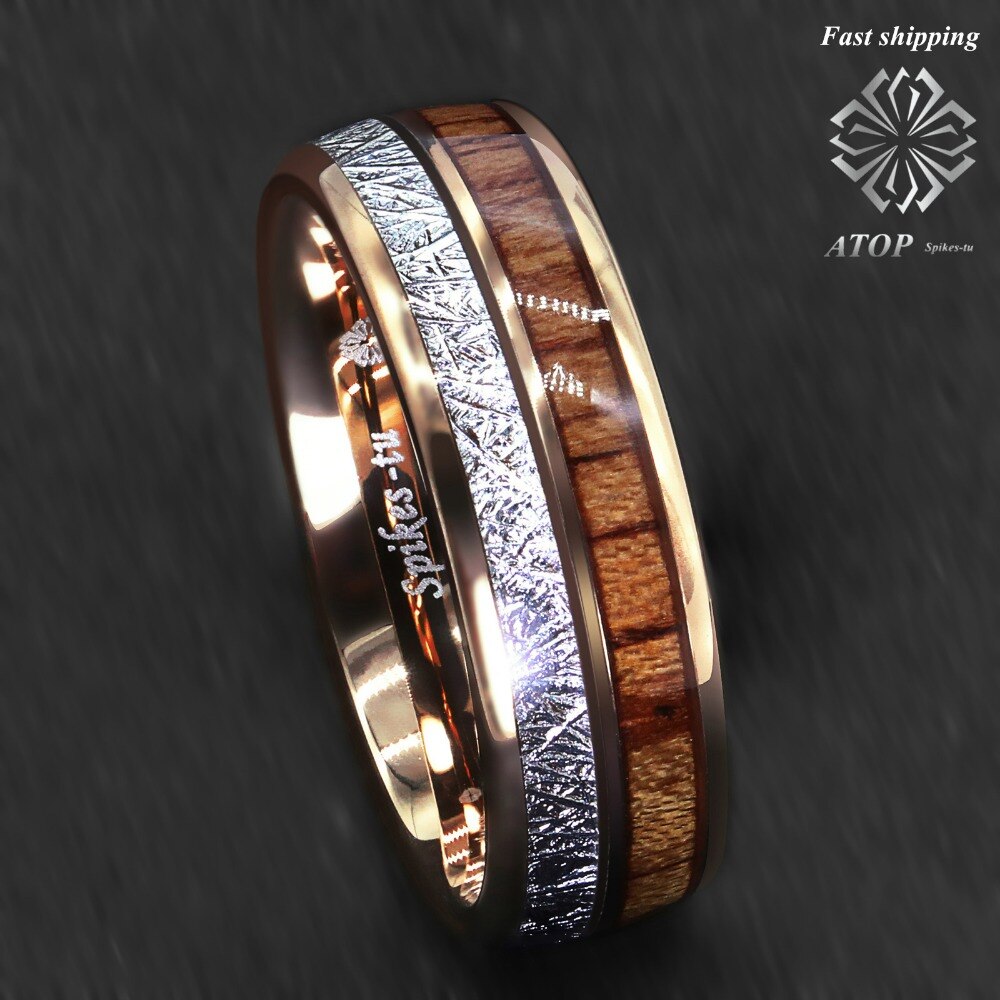 8mm Rose Gold Dome Tungsten Ring Zilver Koa Wood Inlay Bridal ATOP Mannen Sieraden