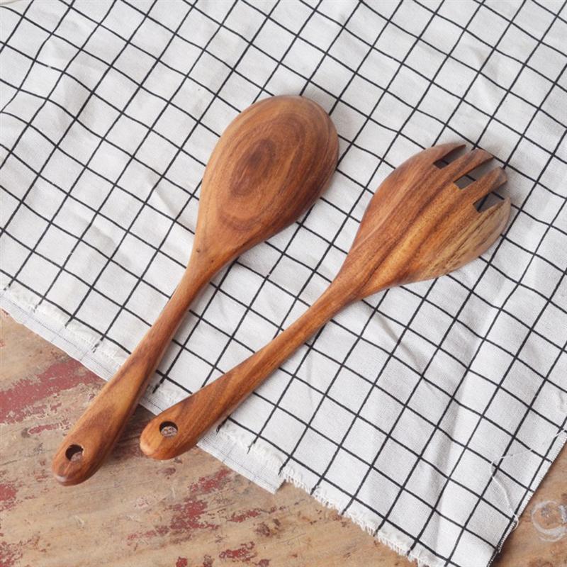 Cocina Natural cuchara de madera ensalada cena servir cucharas servidor tenedor de madera juego de vajilla cuchara utensilios de madera vajilla