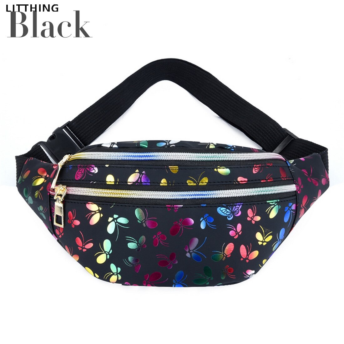 frauen Taille Taschen Multifunktions Schmetterling Drucken Schönheit Taille Leder Telefon Kleine Gürtel Tasche Kühle Schulter Taschen: black