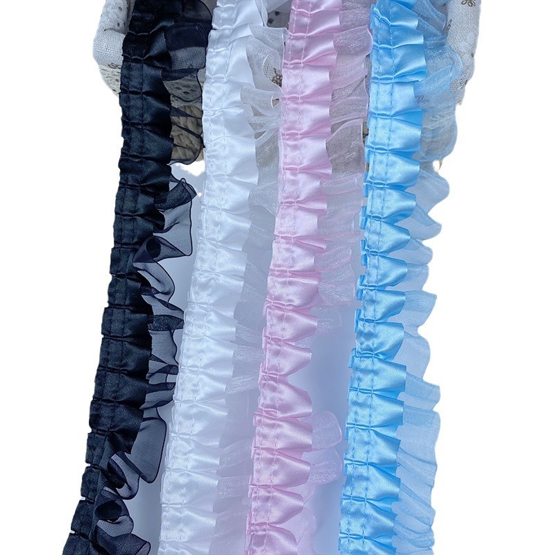 Cinta de encaje plisado de satén de Organza de doble capa, 1 metro, 3,8 CM de ancho, bolsas de Lolita, tela decorativa, adorno de volantes, decoración de bolsa Ita DIY
