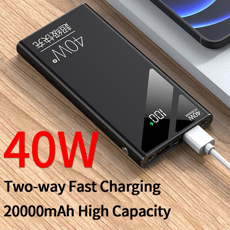 20000mah em dois sentidos de carregamento rápido power bank pd40w display digital bateria externa embutida em cabos com lanterna para iphone mi