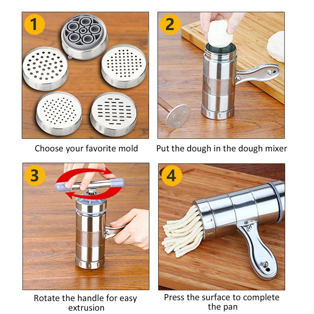 creativetop Stainless Steel Manual Noodles Press Machine Pasta Maker with 5 Noodle Mould