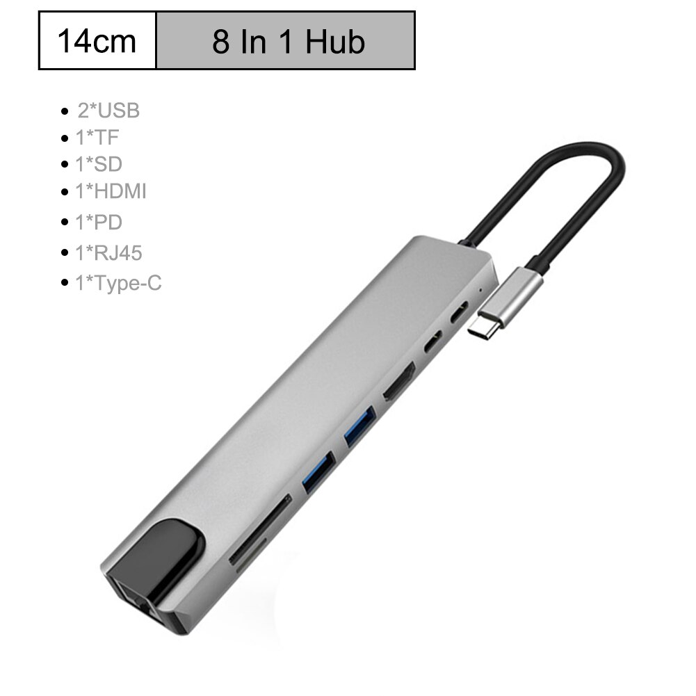 Keskitinsovitin usb c hub type -c 3.0 usb-c to hdmi 4k sd/tf kortinlukija pd lataus gigabit ethernet-sovitin macbook pro hubille: 8 in 1 usb c -keskitin