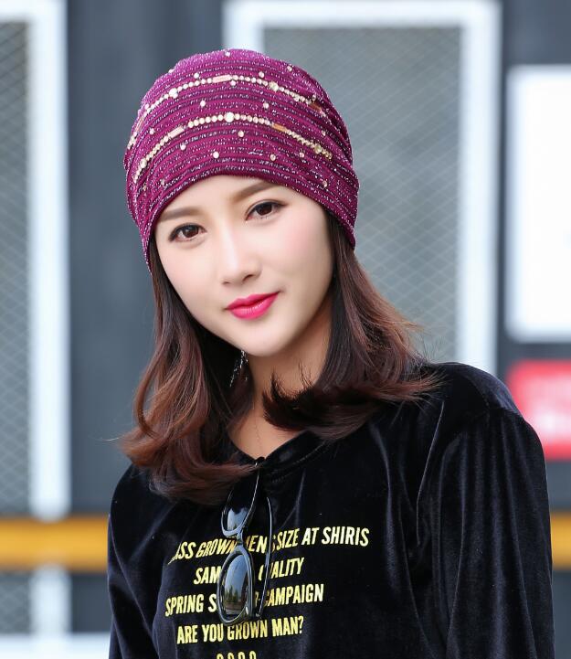 Lace Striped Rhinestones Beanie Hats For Women Casual Diamond Turban Bonnet Caps Female Thin Skullies E Gorros Mulheres: Red