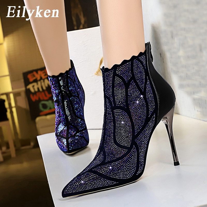 EilyKne-Botines finos de tacón alto para mujer, botas femeninas de tacón fino, brillantes, de punta estrecha con diamantes de imitación, con cremallera, para club nocturno, para invierno,