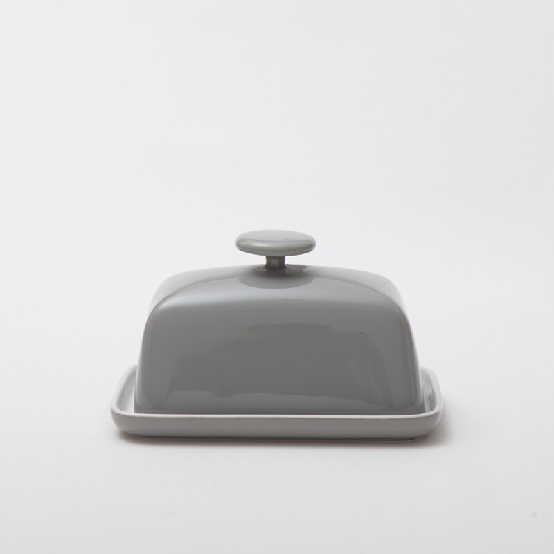 Caja de cerámica para platos de mantequilla de 6 pulgadas, caja de dulces/pastel/bandeja con tapa, con mango de diamante, negro: gray