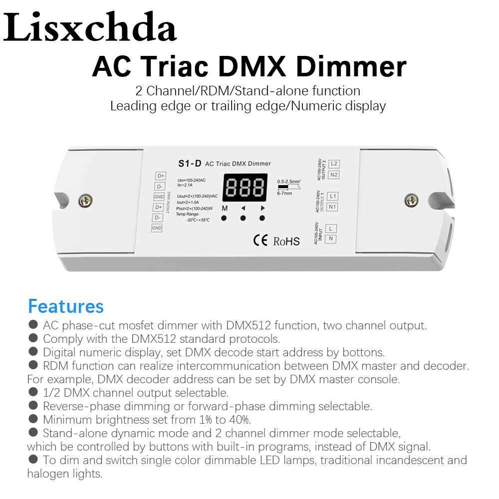 Triac LED Dimmer 220V 230V 110V AC 2 Kanal DMX512 Regler Dimmbare Dual kanal LED-lampe Lampe DMX Triac Dimmer Schalter S1-D