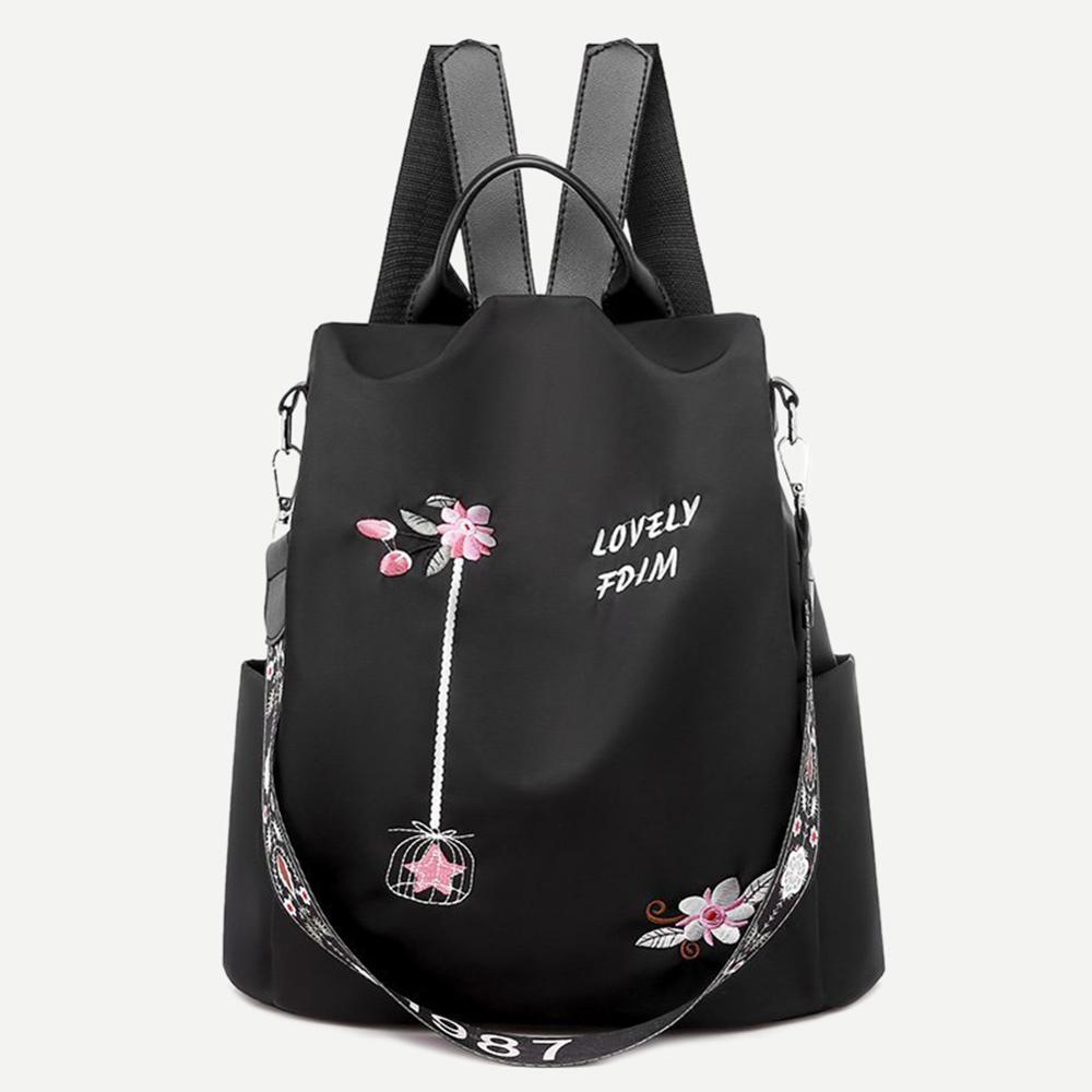 Casual Oxford Tuch Rucksack Blume Bestickt Schulter Schule Buch Taschen Frauen Täglichen Reise Anti-diebstahl Bagpack Rucksack: Black