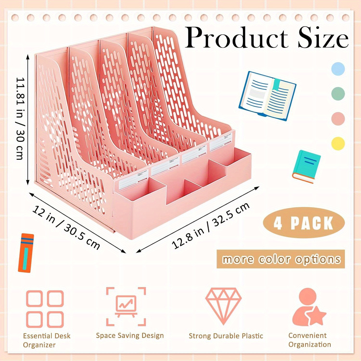 4 Packs Plastic Desk Organizer File Folder, Desktop Magazine Holder, Office File Sorter Rack, Vertical File Dividers