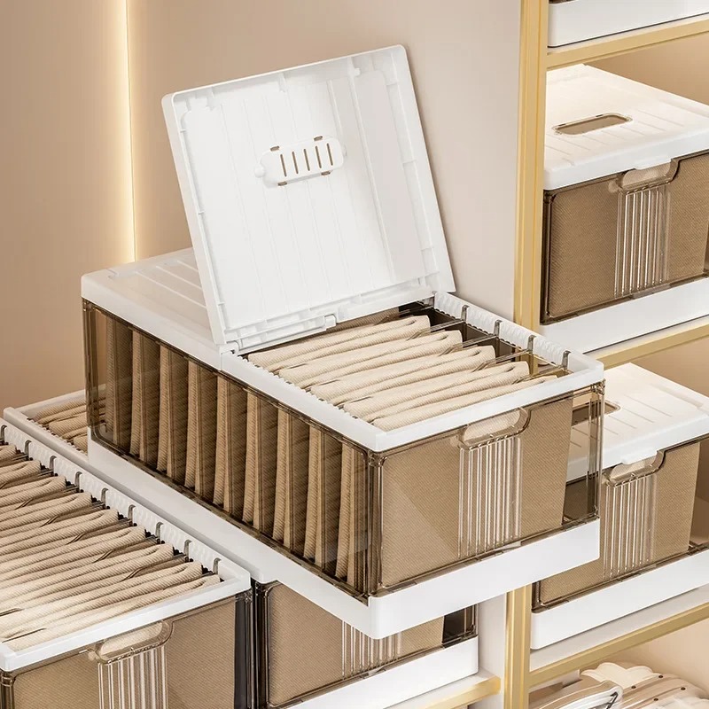 Plastic Wardrobe Clothes Organizer with Handle, Removable Dividers and Cover Stackable Foldable Closet Drawer Storage Box