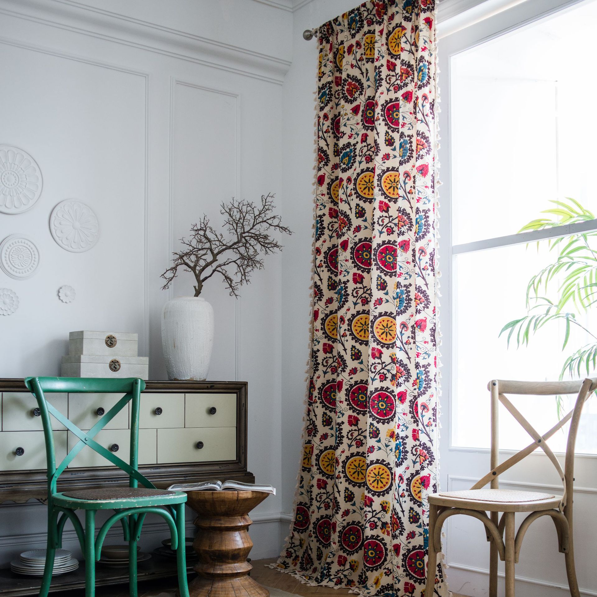 Vindusgardin stue bohemiagardiner til soverom middelhavsgardiner med geometrisk trykk blomstergardiner vindusdekor: W150 x h180cm-1pc / Krok
