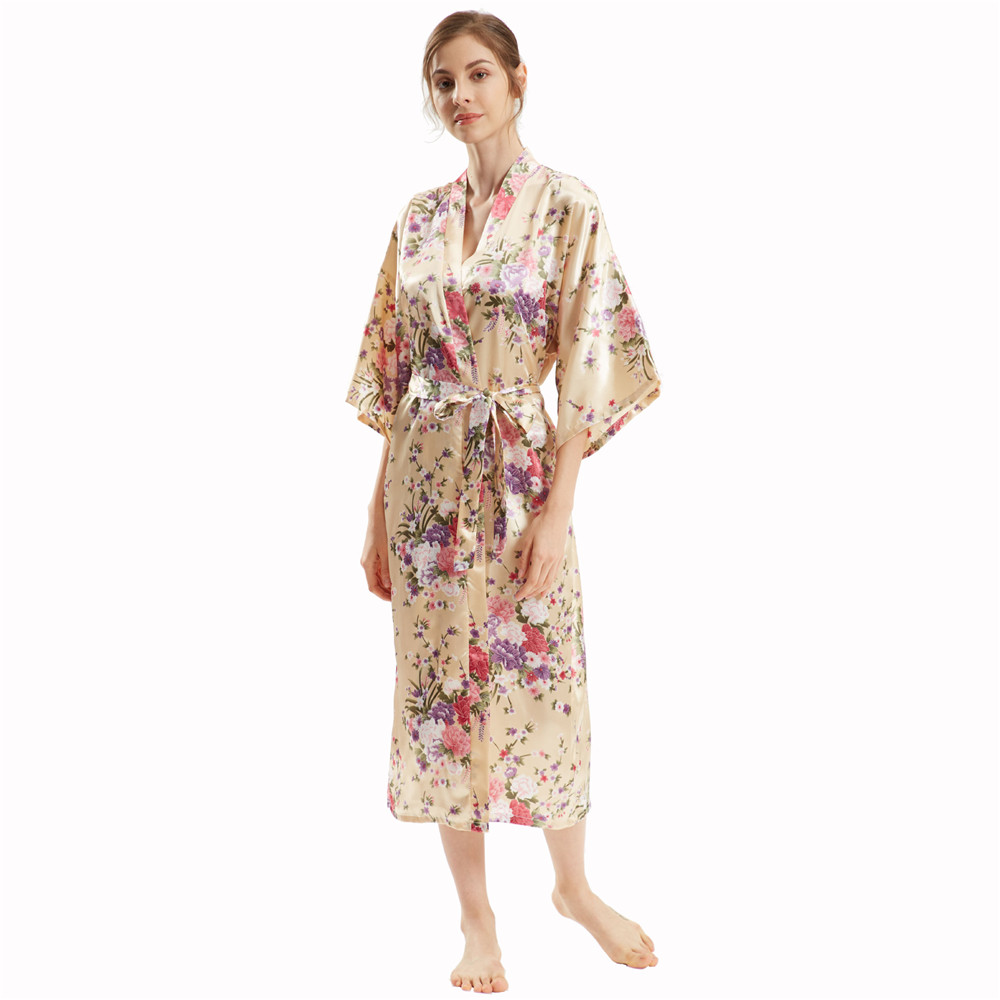 Kimono Badjas Jurk Met Halve Mouw Dames Lang Gewaad Print Bloemen Satijn Nachtkleding Thuis Jurk Losse Loungewear: Bruin