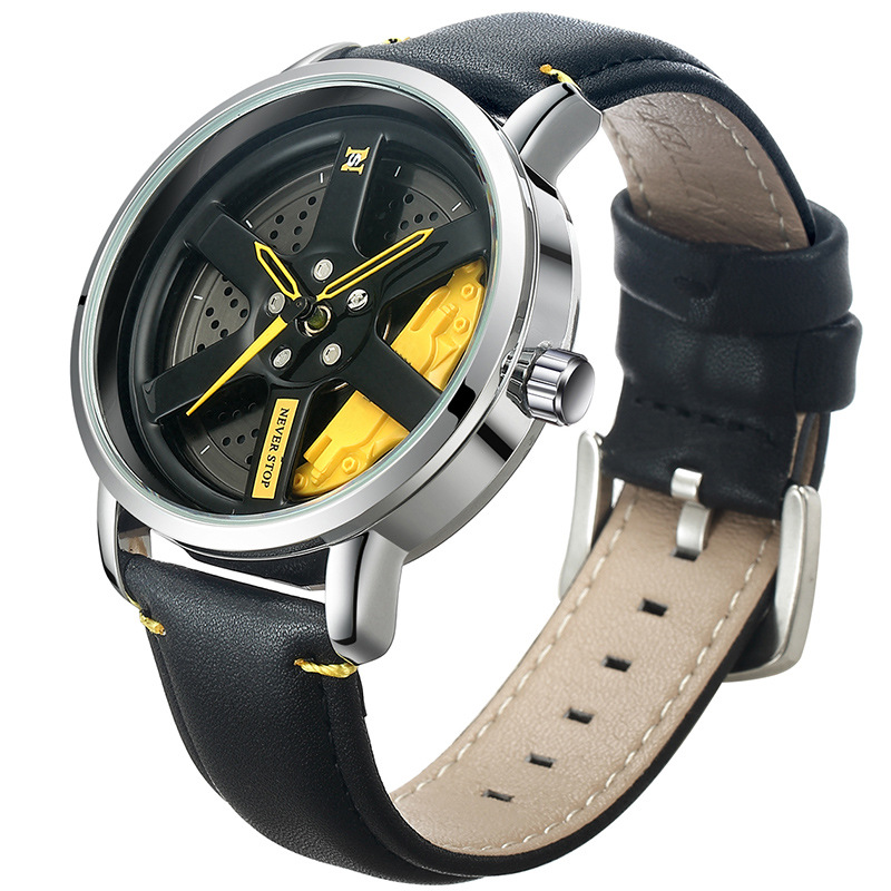 Reloj de UTHAI L98 para hombre, deportiva, personalidad, coche Hub 360 ° Reloj de pulsera de cuarzo para hombre de cuero resistente al agua con rotación