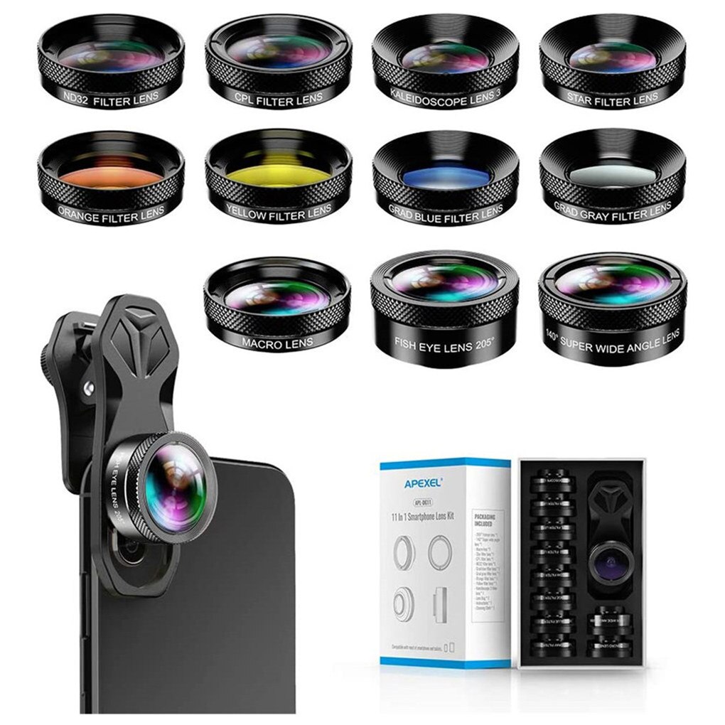Apexel 11 en 1 téléphone caméra Kits d'objectif grand Angle réglable téléobjectif téléphone lentille téléphone portable ensemble d'objectif