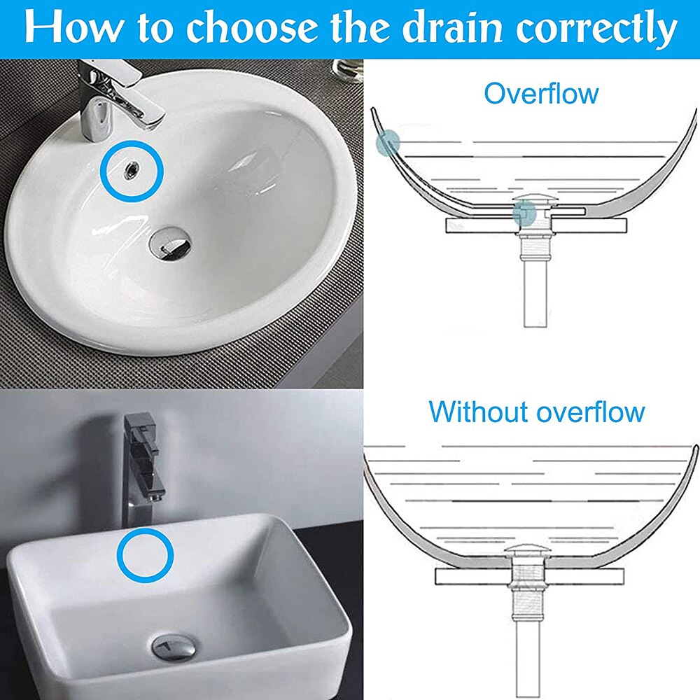 Pop Up Drain Stopper with Overflow, Push and Seal Pop Up Drain Stopper for Faucet Vessel, Bathroom Sink Drain Assembly