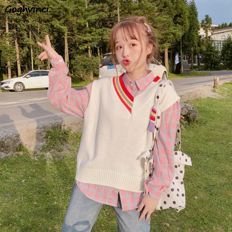 Pull gilet femmes printemps Patchwork poche col en v Kawaii coréen Preppy Style femmes gilet sans manches Chic doux