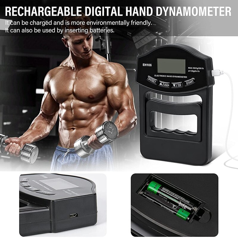 Probador de fuerza de agarre, dinamómetro de mano Digital 396Lbs/180Kg, medidor de fuerza de agarre con pantalla LCD USB, dinamómetro de agarre de mano